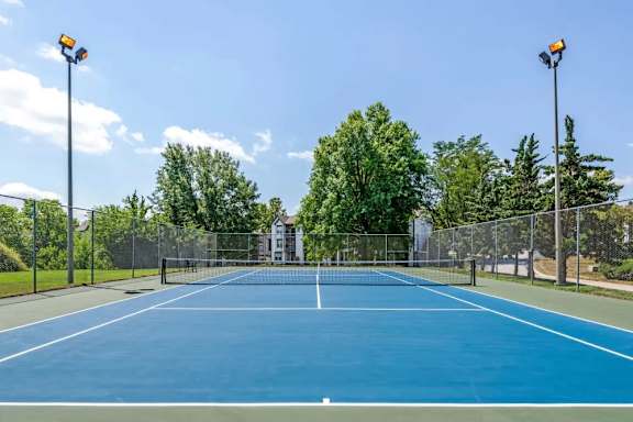 A blue tennis court with a fence and trees in the background.