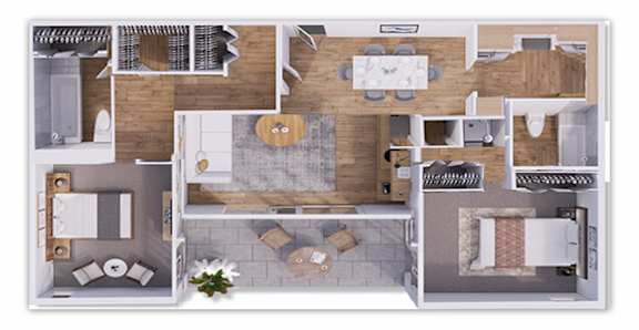 A detailed 3D floor plan of a house layout.