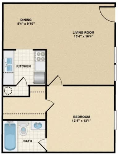 A floor plan of a small apartment with a kitchen, living room, bedroom, and bathroom.