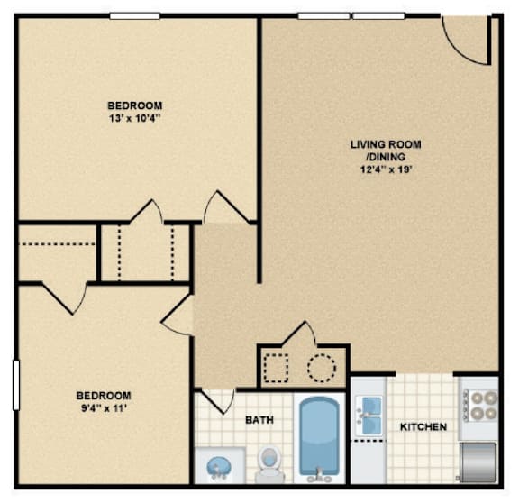 Floor Plan  A floor plan of a small apartment with two bedrooms, a living room, a kitchen, and a bathroom.
