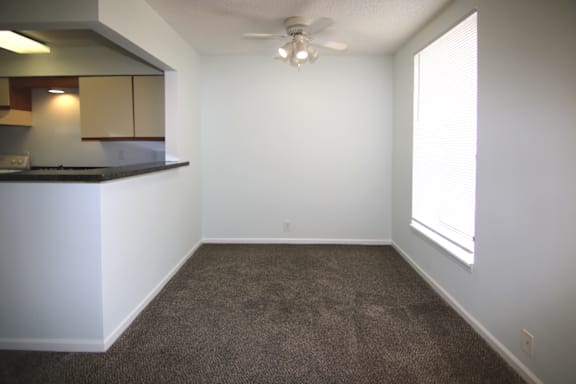 A room with a carpeted floor and a ceiling fan.