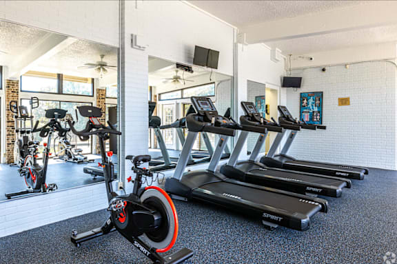 A gym with a row of treadmills and a stationary bike in the foreground.