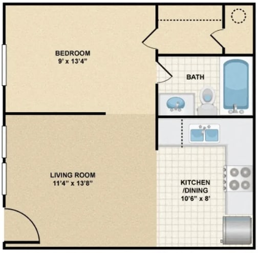 A floor plan of a small apartment with a bedroom, living room, kitchen, and bathroom.