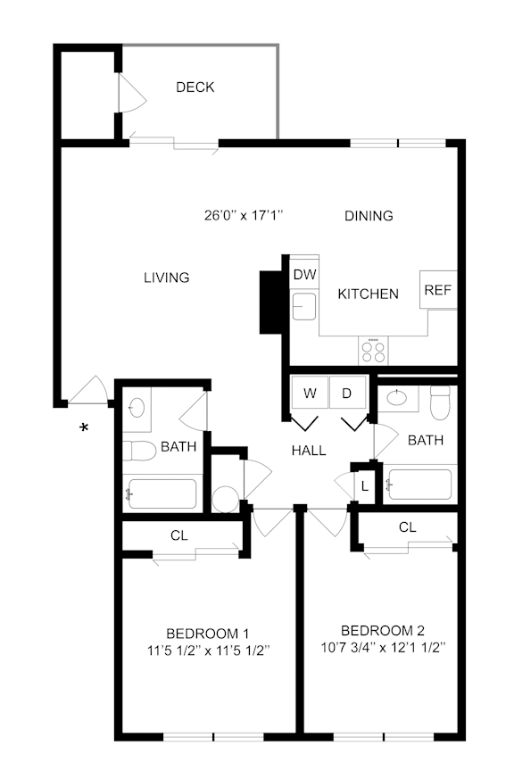 A black and white image of a floor plan for a two bedroom apartment.