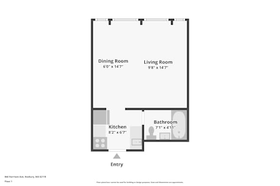 A floor plan of a one bedroom apartment in Burbank, MA.
