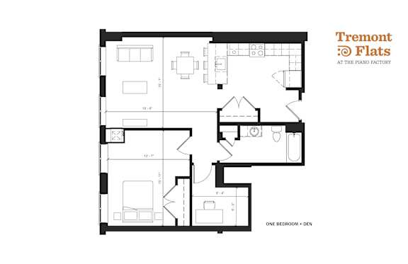 A floor plan of a one bedroom apartment with den at the piano factory.