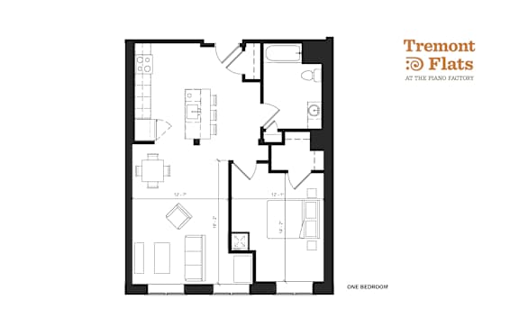 A black and white image of a floor plan for a one bedroom apartment.