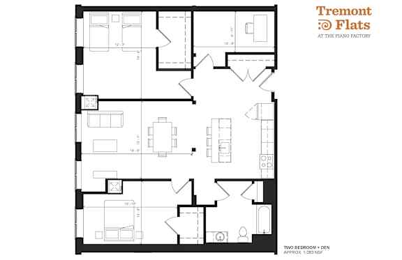 A black and white image of a floor plan for Tremont Flats at the Piano Factory.