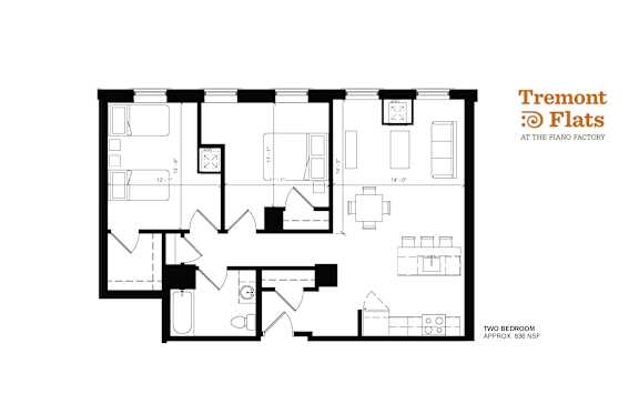 A black and white image of a floor plan for Tremont Flats at the Piano Factory.