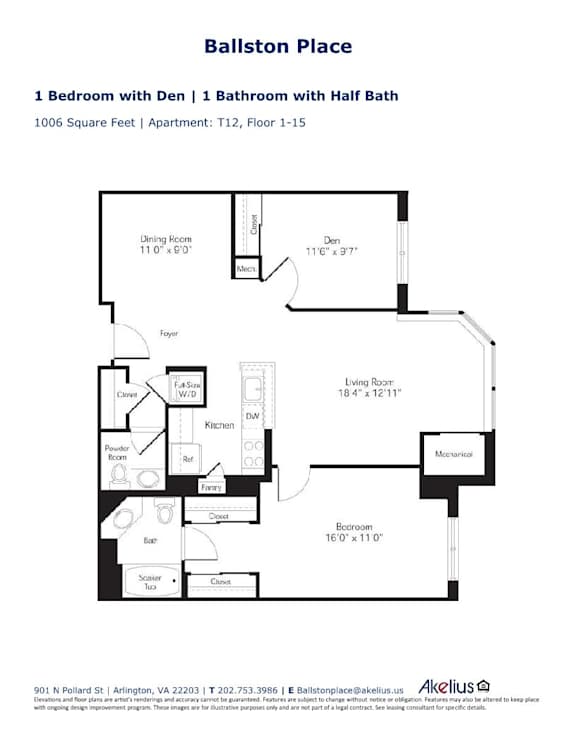 1 Bedroom with Den, 1.5 Bath