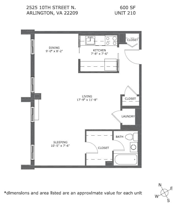 A floor plan for a 600 square foot unit at 2525 10th street N, Arlington, VA 22209.