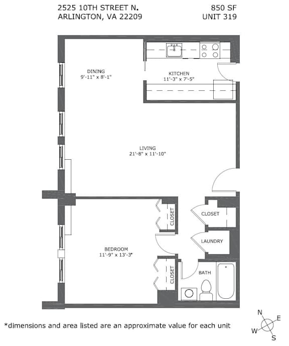 A floor plan for a unit at 2525 10th street N, Arlington, VA 22209.