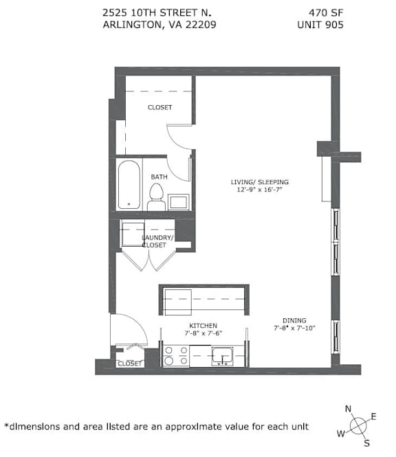 A floor plan for an apartment at 2525 10th street N, Arlington, VA 22209, Unit 905.