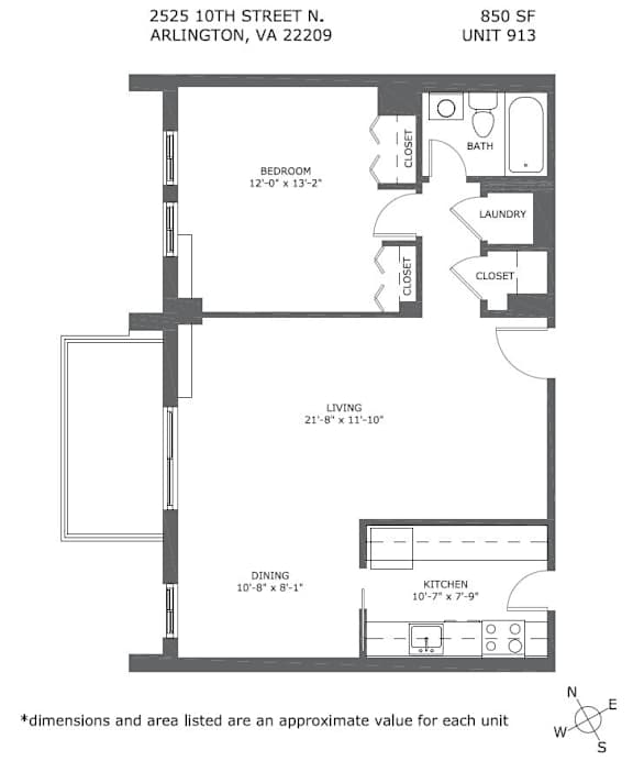 A floor plan for a unit at 2525 10th Street N. in Arlington, VA shows a bedroom, living room, dining room, kitchen, and bathroom.