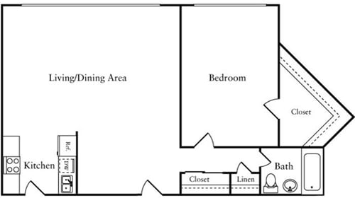 A floor plan of a room with a kitchen, living/dining area, and bedroom.