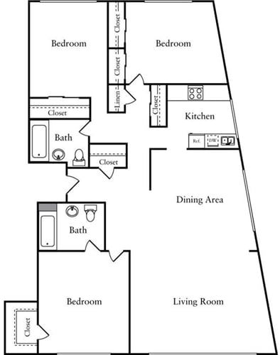 A black and white image of a house floor plan with two bedrooms, a living room, a kitchen, a dining area, and two bathrooms.