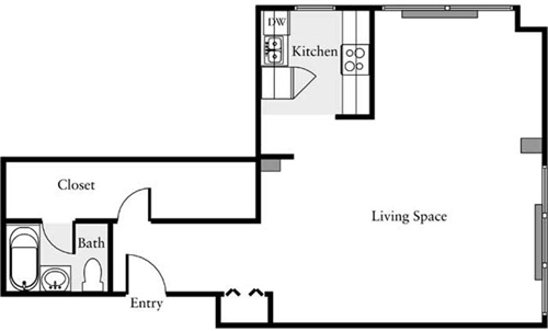 A floor plan of a small apartment with a kitchen, bathroom, and living space.
