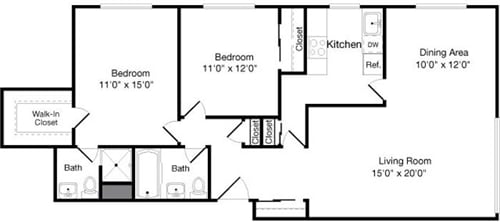A floor plan of a house with a living room, two bedrooms, a bathroom, a kitchen, a dining area, and a walk-in closet.