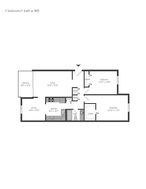 the floor plan of 2 bedroom 1 bath