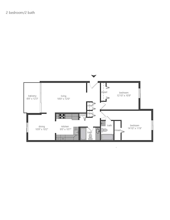 the floor plan of 2 bedroom 2 bath