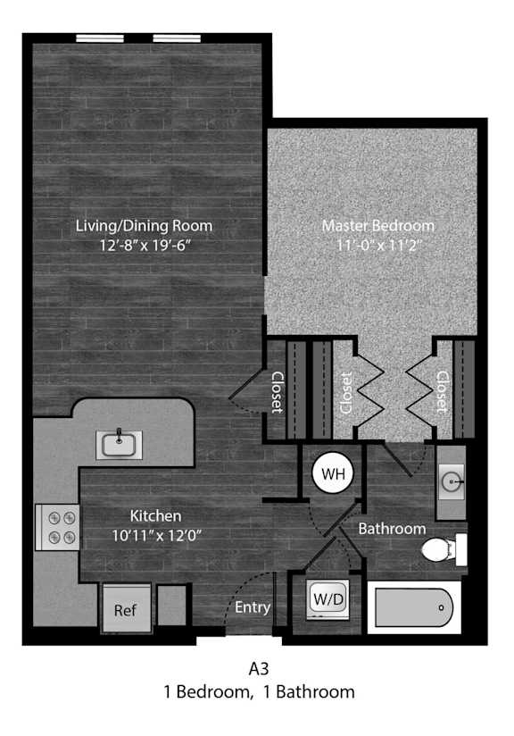 Hemingway 1 Bedroom with dimensions