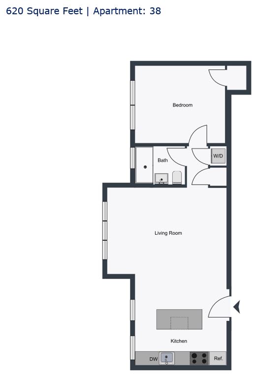 A floor plan of a 38 apartment sized apartment with 620 square feet.