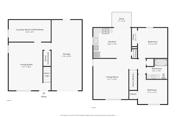 A floor plan of a house with two living rooms, two bedrooms, a kitchen, a bathroom, a laundry room, a garage, and a closet.