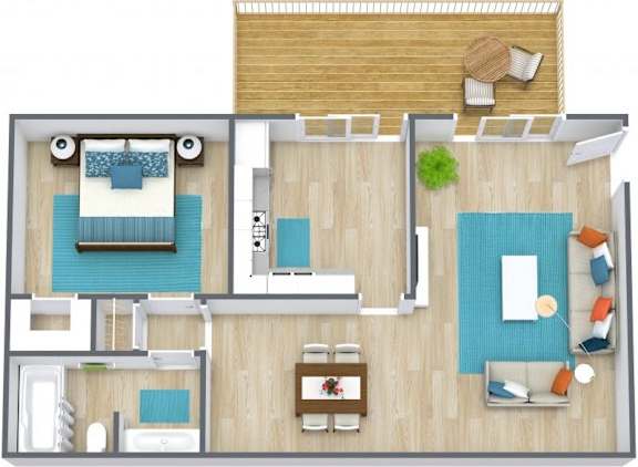 A top-down view of a room with a bed, a couch, a chair, a table, and a potted plant.