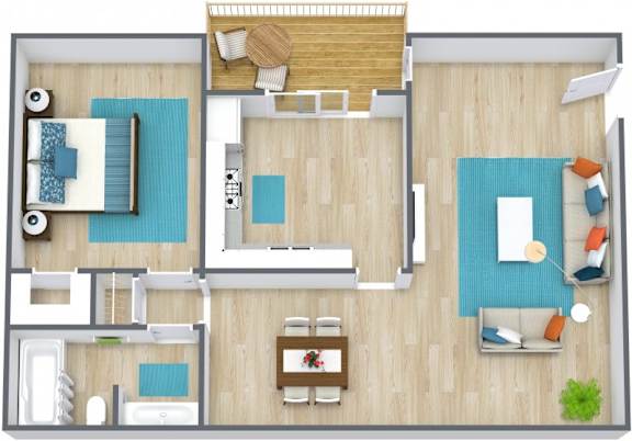 A top-down view of a house layout with a pool, two living areas, and a kitchen.