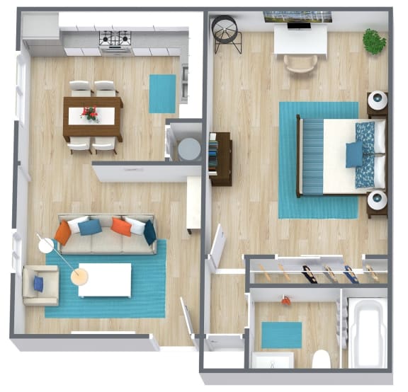 a stylized floor plan with a bedroom and living room