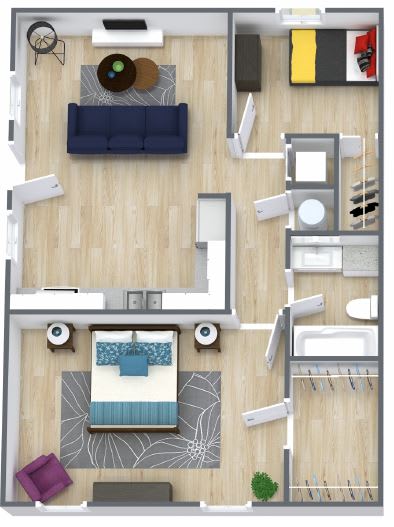 a floor plan of a bedroom with a bathroom and a living room