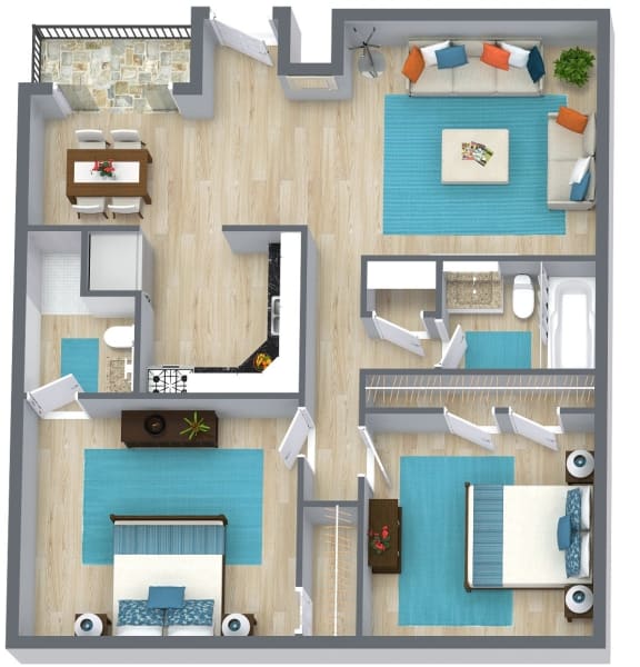 two bedroom floor plan with furniture  at Residences at Lakeshore Apartments, Oklahoma City, OK
