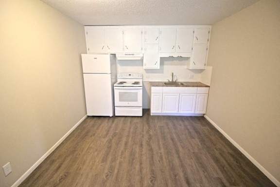 A kitchen area with a white fridge, stove, and cabinets.