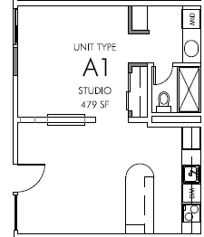 A black and white drawing of a studio apartment.