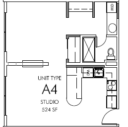 A floor plan of a studio apartment with a kitchen area and a bathroom.