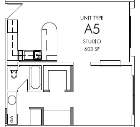 A floor plan of a studio apartment with a kitchen area and a bathroom.