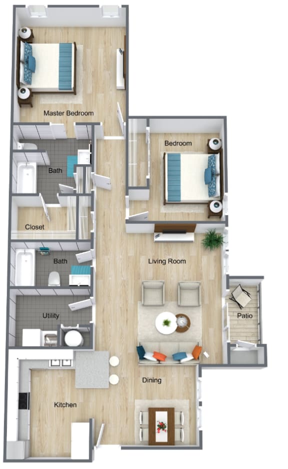 3D image of one bedroom floor plan