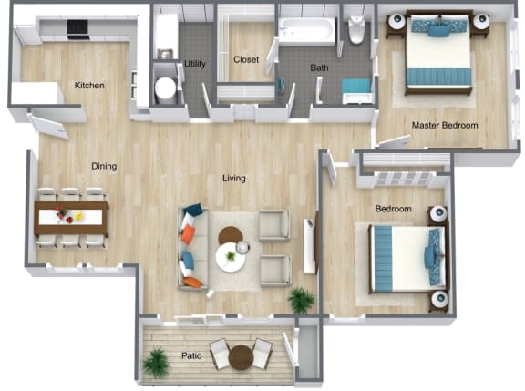 3D image of two bedroom floor plan