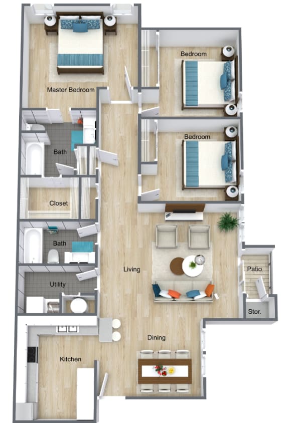 3D image of three bedroom floor plan