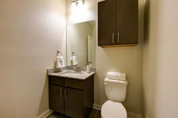 a bathroom with a sink toilet and mirror  at Fusion, Florida, 32256