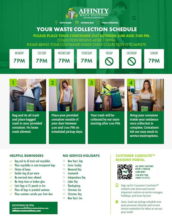 A flyer for Affinity Waste Solutions outlines a waste collection schedule and helpful reminders for customers at Ocean Park, Jacksonville, Florida