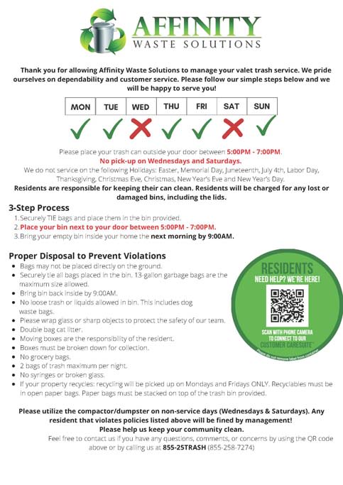 Valet Trash collection information and QR code  at Cabana Club - Galleria Club, Florida, 32256