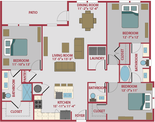 3 bed 2.5 bath floor plan A  at Pinnacle Apartments, Jacksonville, 32256