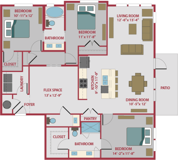 3 bed 2.5 bath floor plan B at Pinnacle Apartments, Jacksonville