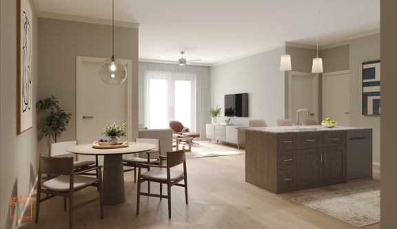 a rendering of a living room and dining room in an apartment &#xA0;at Pinnacle, Florida, 32256