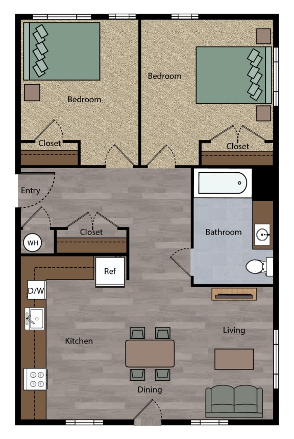 Boulevard 1 story 3 bedroom 1 bathroom Floor Plan apartment