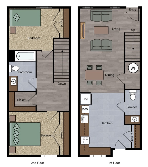 Boulevard 2 story 2 bedroom 1.5 bathroom Floor Plan townhome