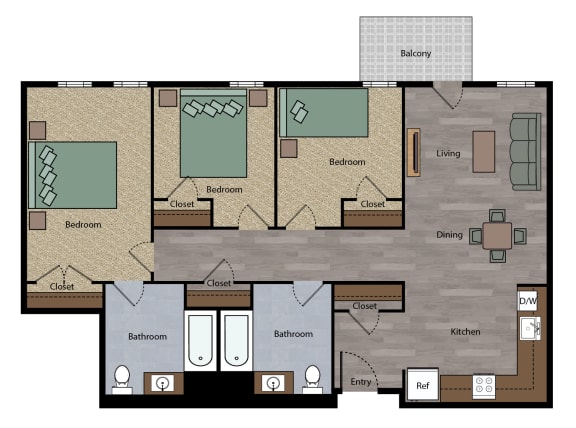 Boulevard 3 bedroom  2 bathroom Floor Plan apartment