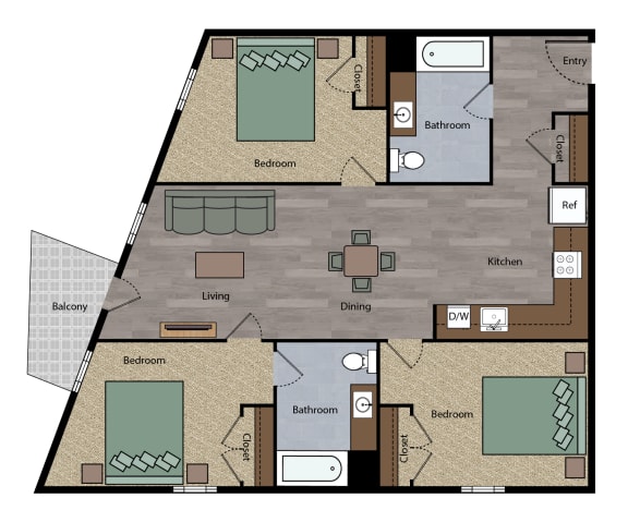 Boulevard 1 story 3 bedroom 1.5 bathroom Floor Plan apartment