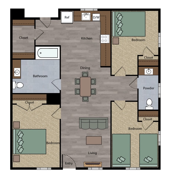 Boulevard 3 bedroom  1.5 bathroom Floor Plan apartment